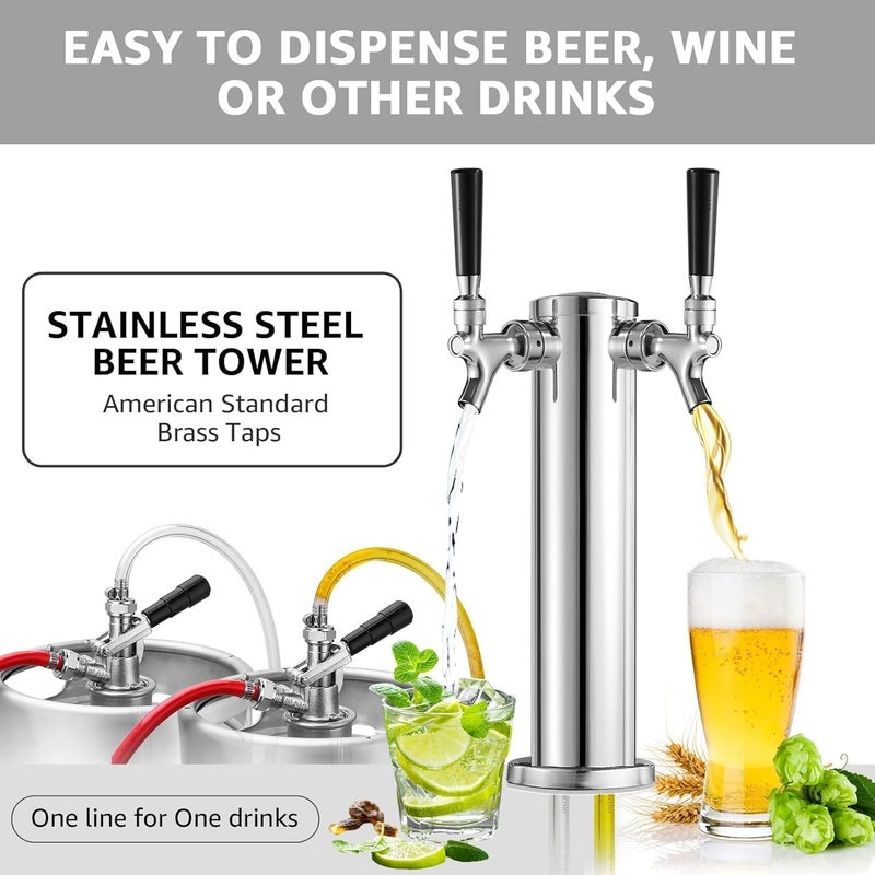WELLBOM Dual Tap Kegerator Tower Beer Tap Tower 3" Draft Beer Tower Dispenser Keg Tower Beer Faucet Self-Closing Beer Tap Stainless Steel Kegerator Tap Tower Kit with Pre-Assembled Kegerator Line - Image 2